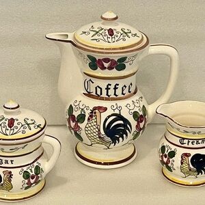 1950's Ceramic Coffee Tea Pot Creamer Sugar Set Rooster Hand Painted Acson Japan